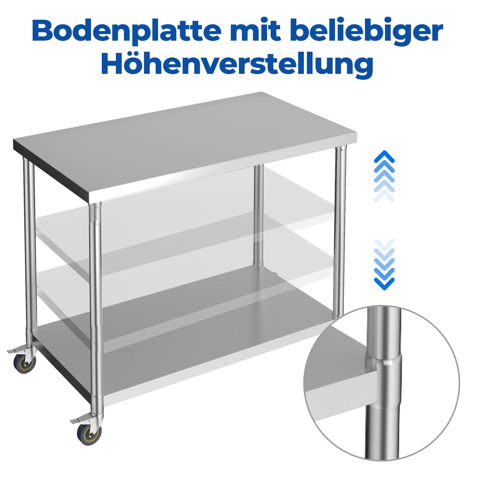 BPT Tavolo da lavoro da cucina in acciaio inox, regolabile in altezza, con ruote, carico totale 250 kg, per ristorante cucina (90 x 60 x 85 cm)