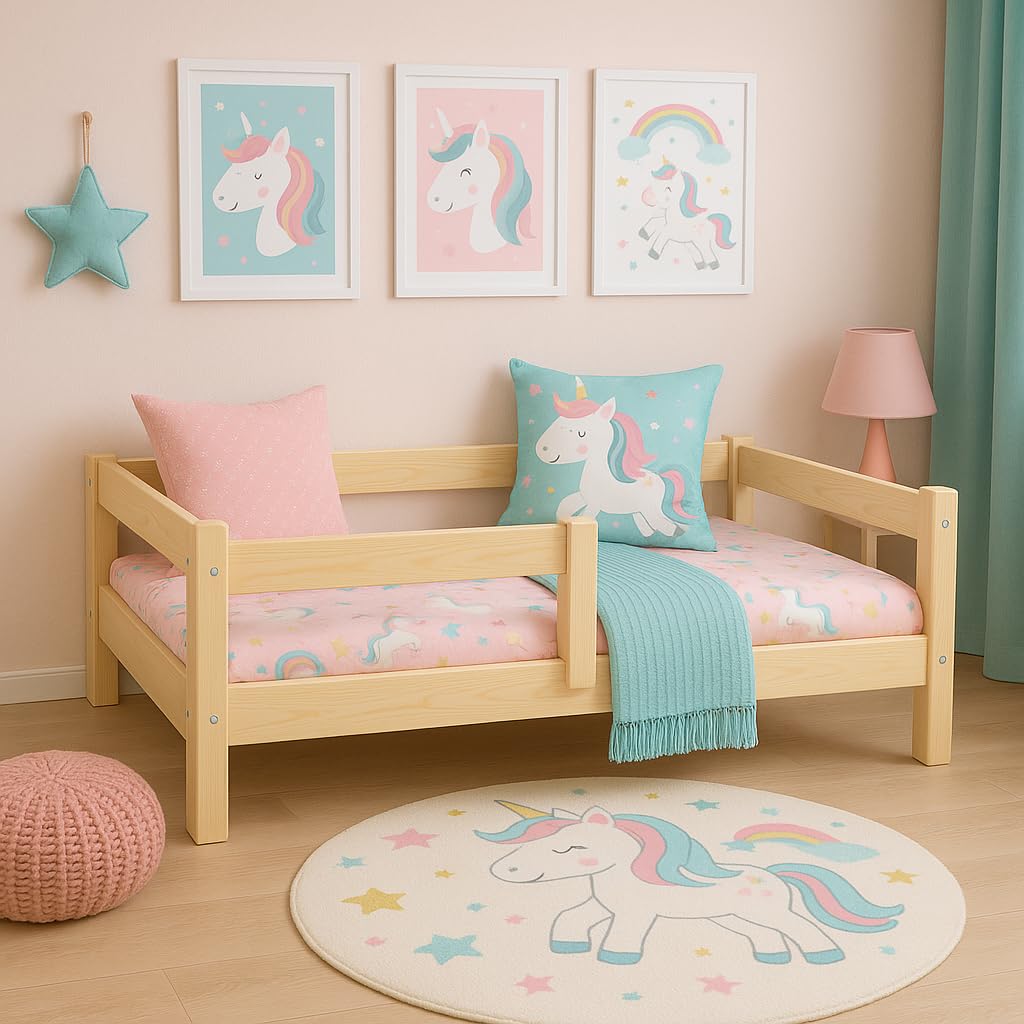 KOBI Letto per bambini 120x60 cm, con ringhiera - Letto da terra Primo in legno di pino naturale