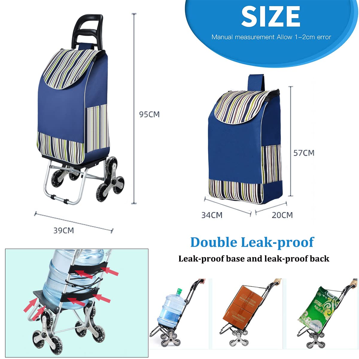 Zusammenklappbarer Einkaufstrolley auf 6 Rädern, Leichter 2-in-1-Einkaufswagen aus Aluminium mit Abnehmbarer Tasche, Treppensteig-Einkaufswagen (Blau 2)