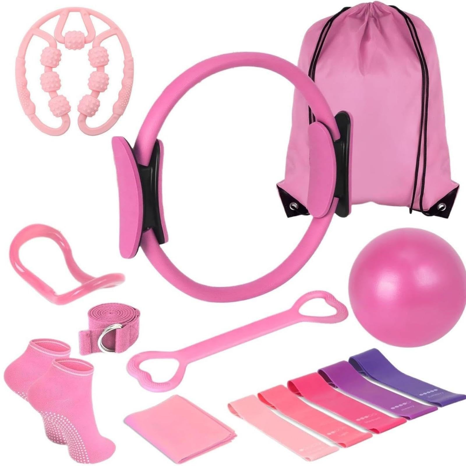 Pilates Equipment for Women, 14 Pcs Home Pilates Kit with Pilates Circle, Yoga Ball, Resistance Bands, Stretching Strap & Accessories for Home Workout (Pink)