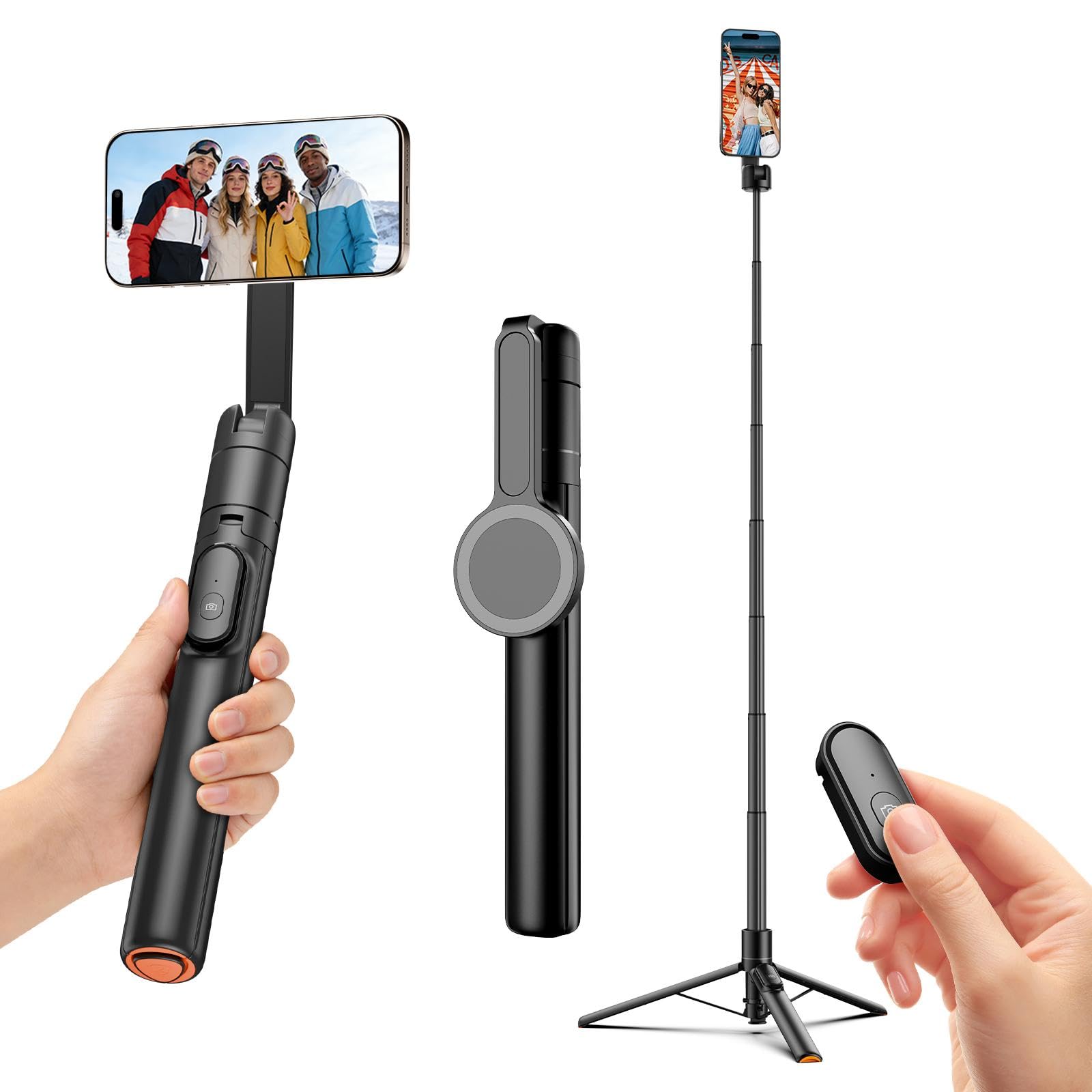 Moman 13–66" Magnetic Selfie Stick Tripod with Auto-Deploy Stand, Portable Aluminum Magnetic Holder for MagSafe, 360° Rotatable Travel Phone Tripod with Rechargeable Remote for iPhone/Android