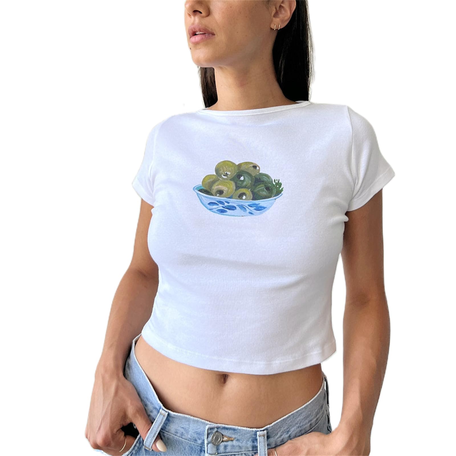 GeagodeliaWomens Graphic Baby Tee Y2K Fruit Printed Short Sleeve Slim Fitted T-Shirt Crop Top Teenages Girls 90s Cute Vintage Aesthetic Clothes