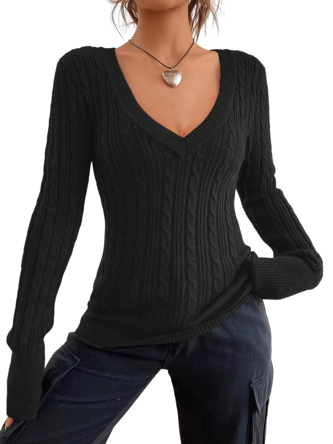ZAFUL Womens Cable Knit V Neck Sweater Slim Fit Long Sleeve Knitwear Casual Pullover Jumper Tops