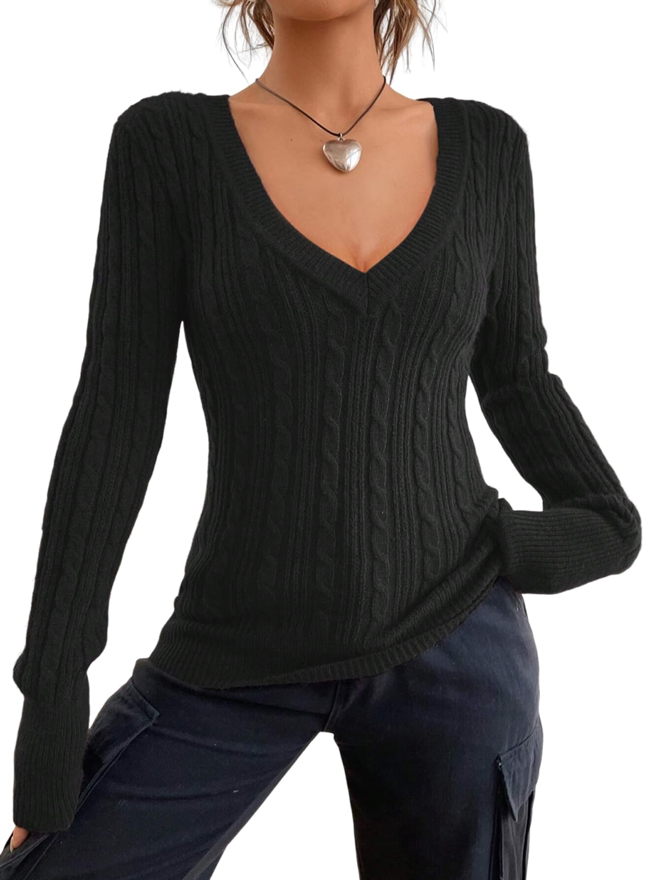 ZAFUL Womens Cable Knit V Neck Sweater Slim Fit Long Sleeve Knitwear Casual Pullover Jumper Tops