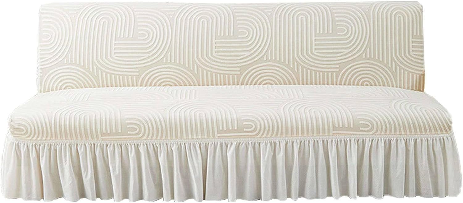 YOPOIY Sofa Bed Slipcover with Skirt, Stretch Jacquard Futon Cover Washable Folding Armless Sofa Cover with Elastic Bottom (Beige,Small)