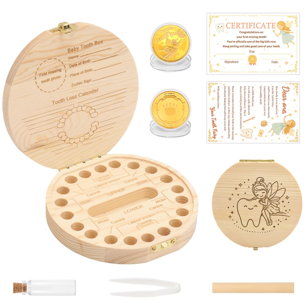 HUNGBAN Tooth Fairy Kit for Kids – Wooden Keepsake Tooth Box with Reward Coin & Card, Baby Memory Box for First Lost Tooth, Bedtime Surprise for Boys and Girls