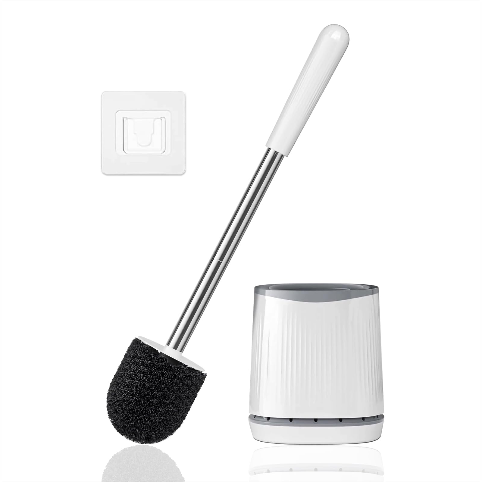 HiWODO Silicone Toilet Brush with Holder,Toilet Brushes & Holders Includes 2 Quick Drying Loo Brush Heads,Deep Hygienic Toilet Cleaner Brush Set with Long Rubber Handle for Bathroom Cleaning (White)