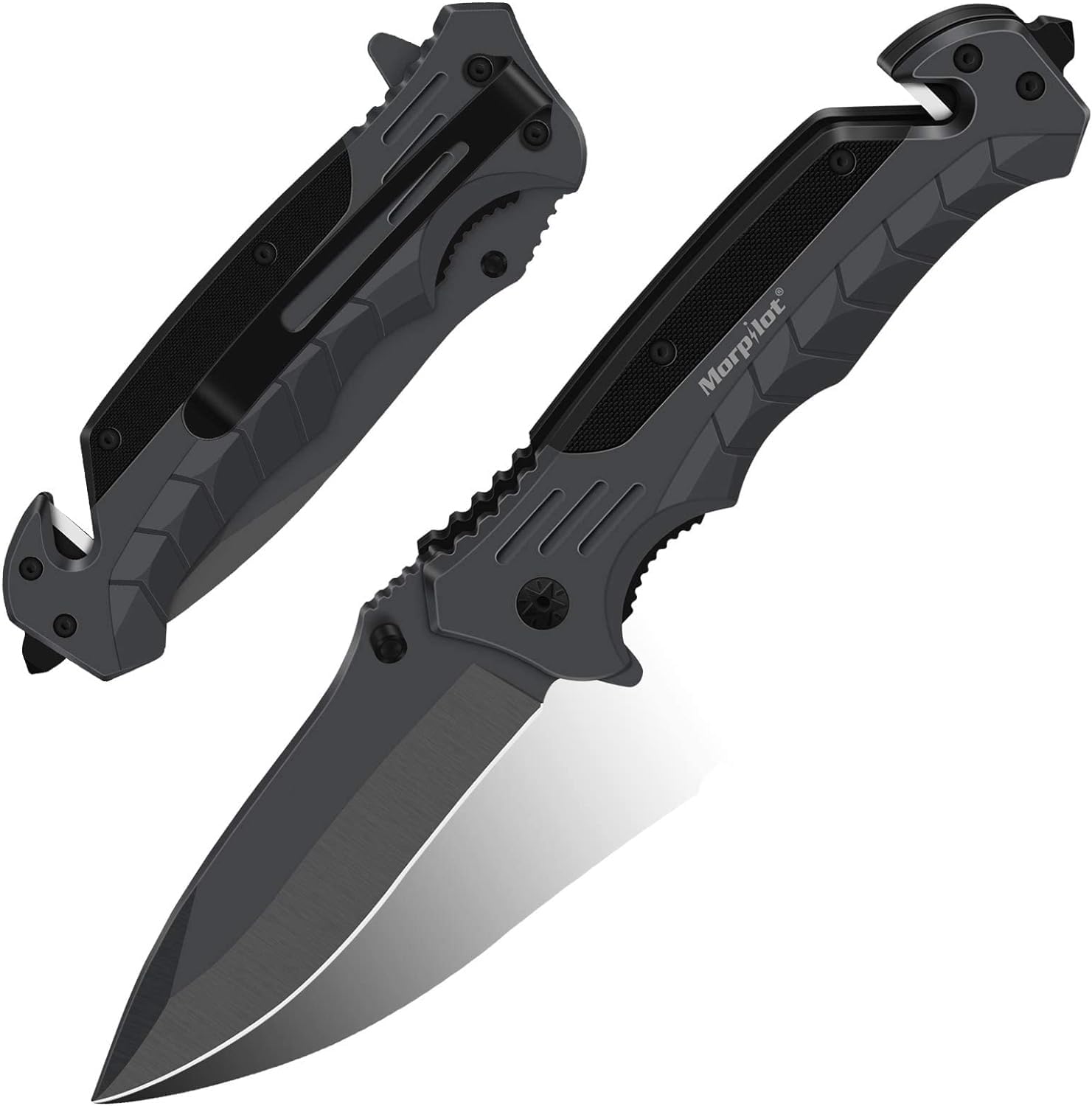 morpilot Navaja Plegable Cuchillo de Acero Inoxidable con Punta Rompevidrio y Cutter Cinturón Cuchillo Plegable con Mango Acero Inoxidable para Acampar, Picnic, Caza