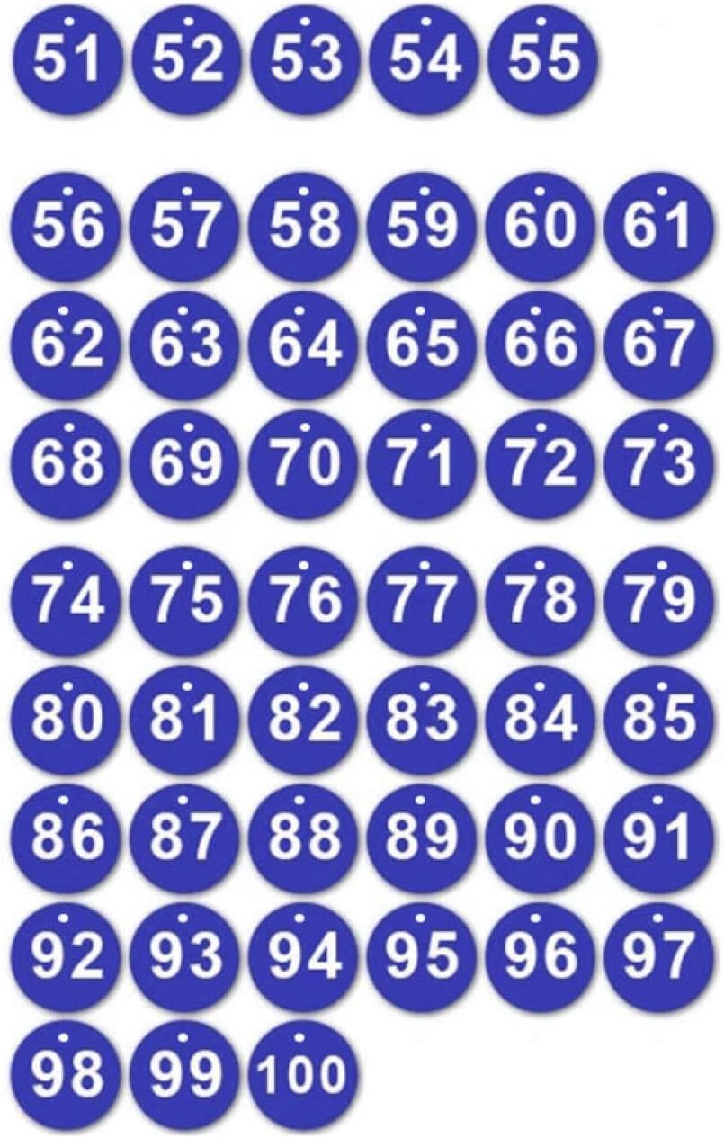 Numbers Tags 1-50/51-100, 35mm Round Numbered Tags Plastic Small Key Tags 50 Numbered Keychains for Dormitory Keys House Lockers
