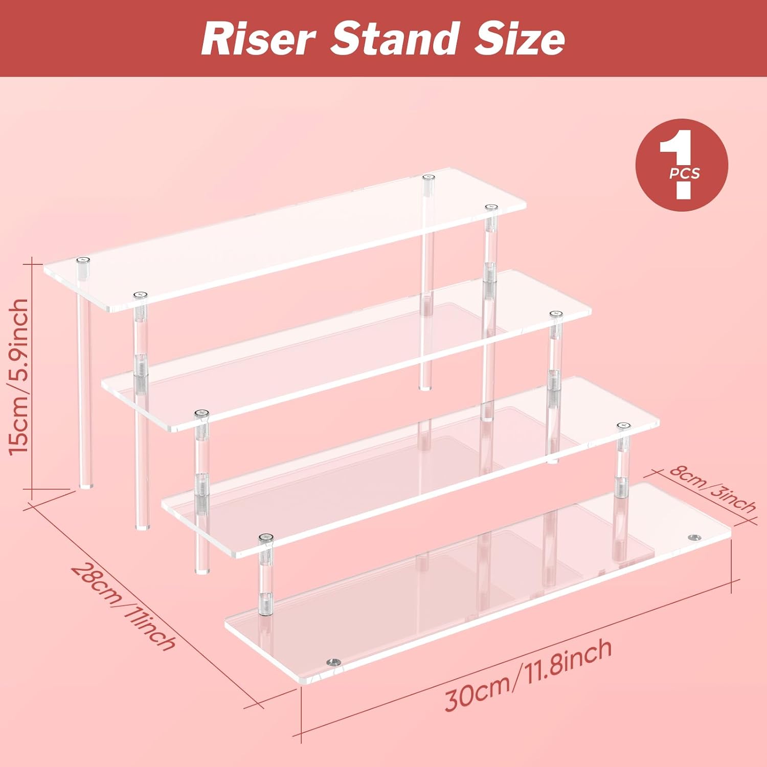 4 Tier Acrylic Display Risers, Clear Perfume Organizer Stand, Large Cupcake Stand Holder, Dessert Display for Party, Display Shelf for Figure and Collection, Riser Stand for Decoration and Organizer 1 Pack Clear