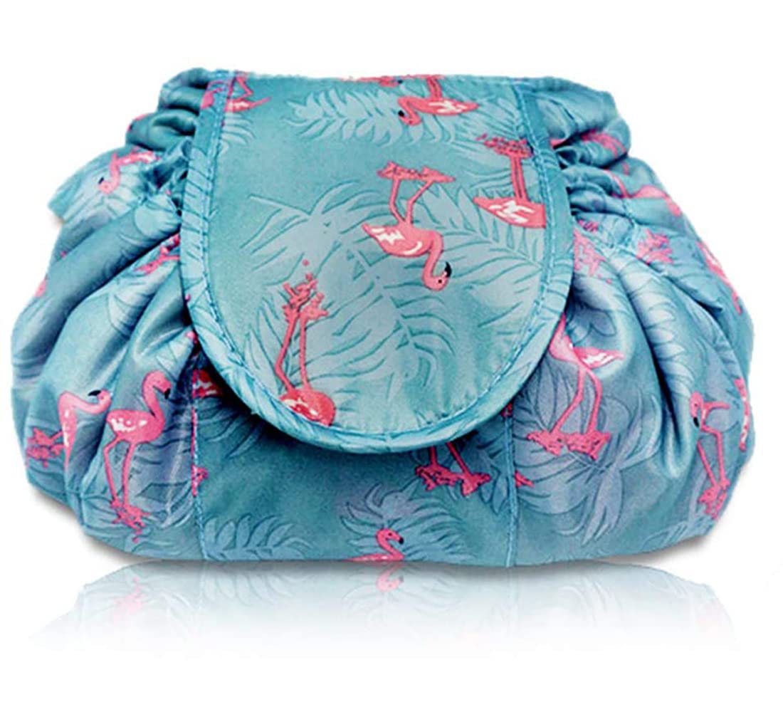 KASTWAVELazy Drawstring Make up Bag, Portable Large Travel Organizer Cosmetic Bag Pouch Travel Makeup Pouch Storage Organiser for Women and Girl(Flamingo)