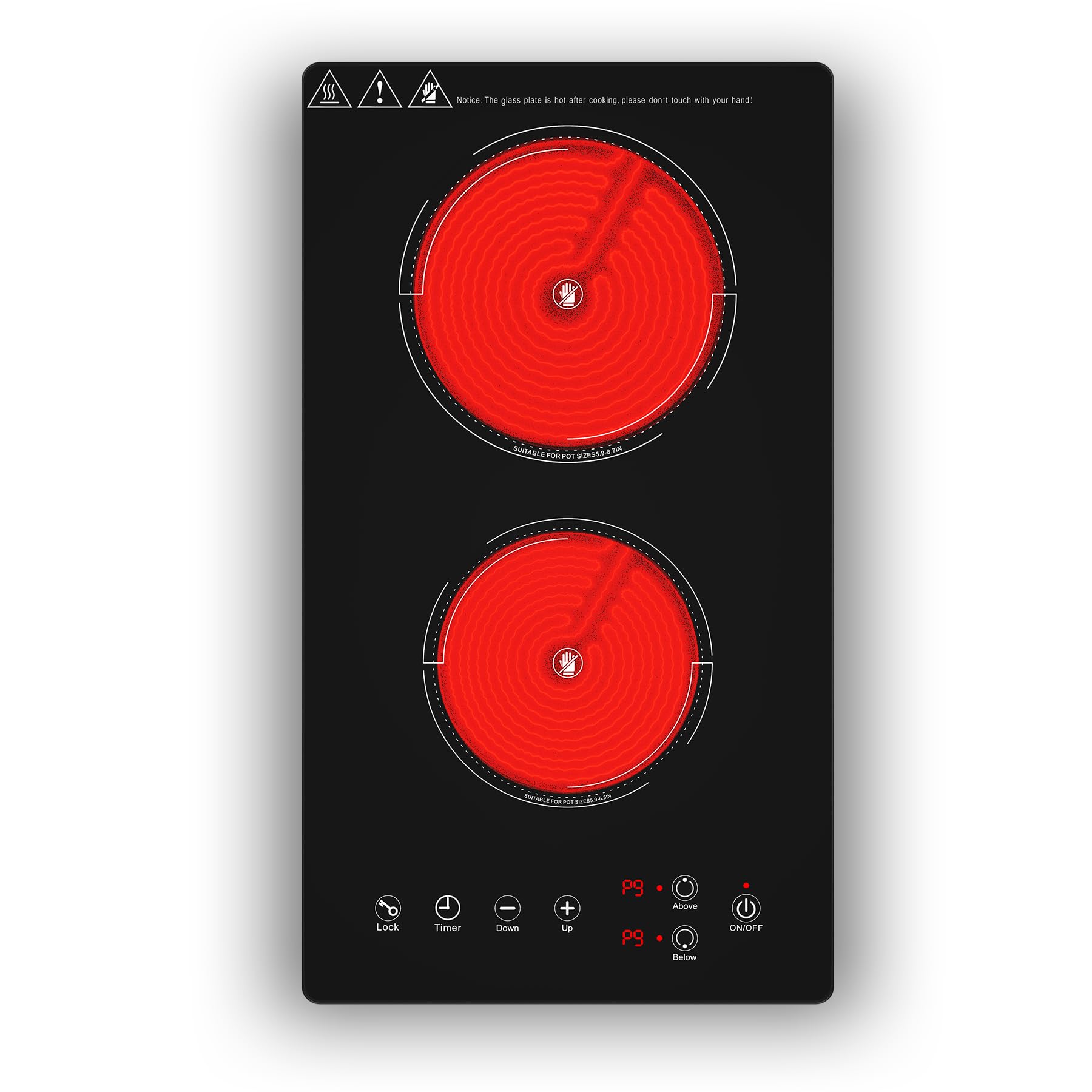 VBGK plaque de cuisson, 220V, 3000W, plaque vitrocéramique 2 feux avec commande tactile LED, 9 niveaux de puissance,Verrouillage enfant & Minuteur 4heures,plaque vitrocéramique 28.8 centimètre 2 feux