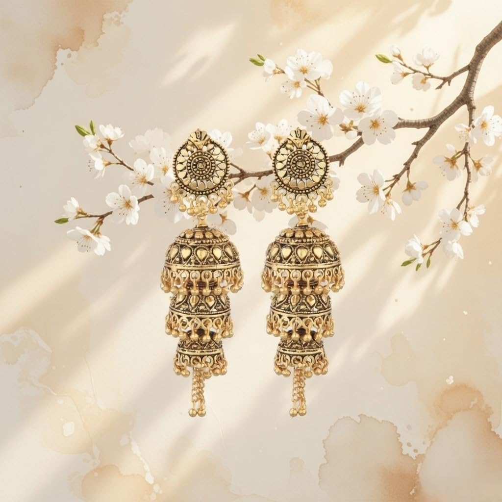 Efulgenz Oxidized Jhumka Earrings Oxidized Indian Jewelry Jhumka Boho Layered Jhumka Jhumki Tassel Dangle Statement Earrings for Women