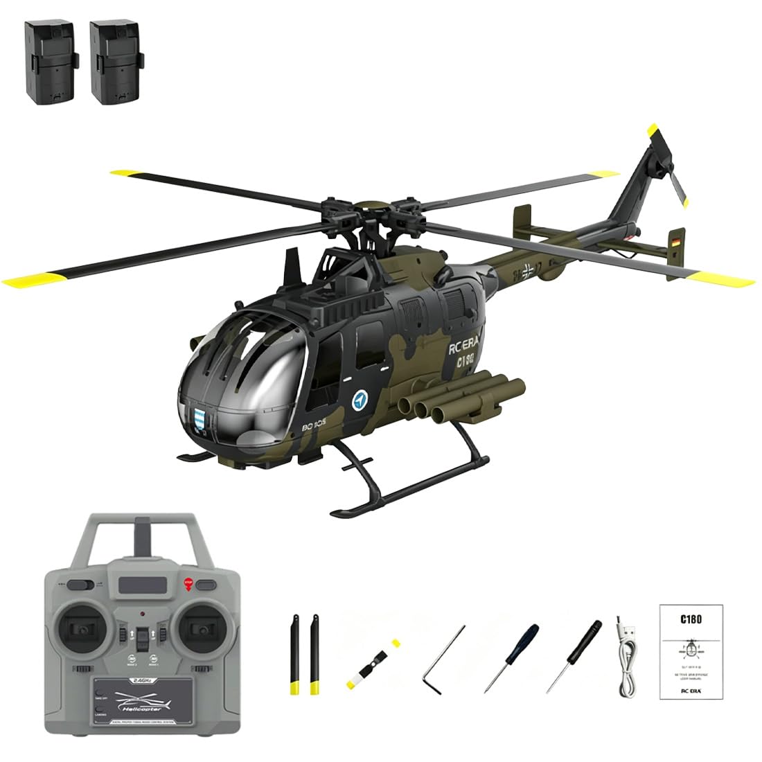 C180 BO105 6CH Remote Control Helicopter, 1:25 Scale 2.4G 6-Axis Gyro Brushless Motor RC Helicopter with Barometric + TOF Radar Dual Altitude Hold & Optical Flow Positioning - Camouflage/2 Battery