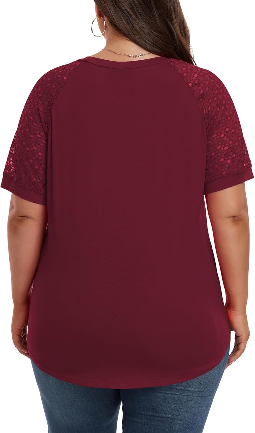 Women's Plus Size Lace Shirt Short Sleeve Round Neck Tops Basic Ladies Loose Fit T Shirt - Image 4