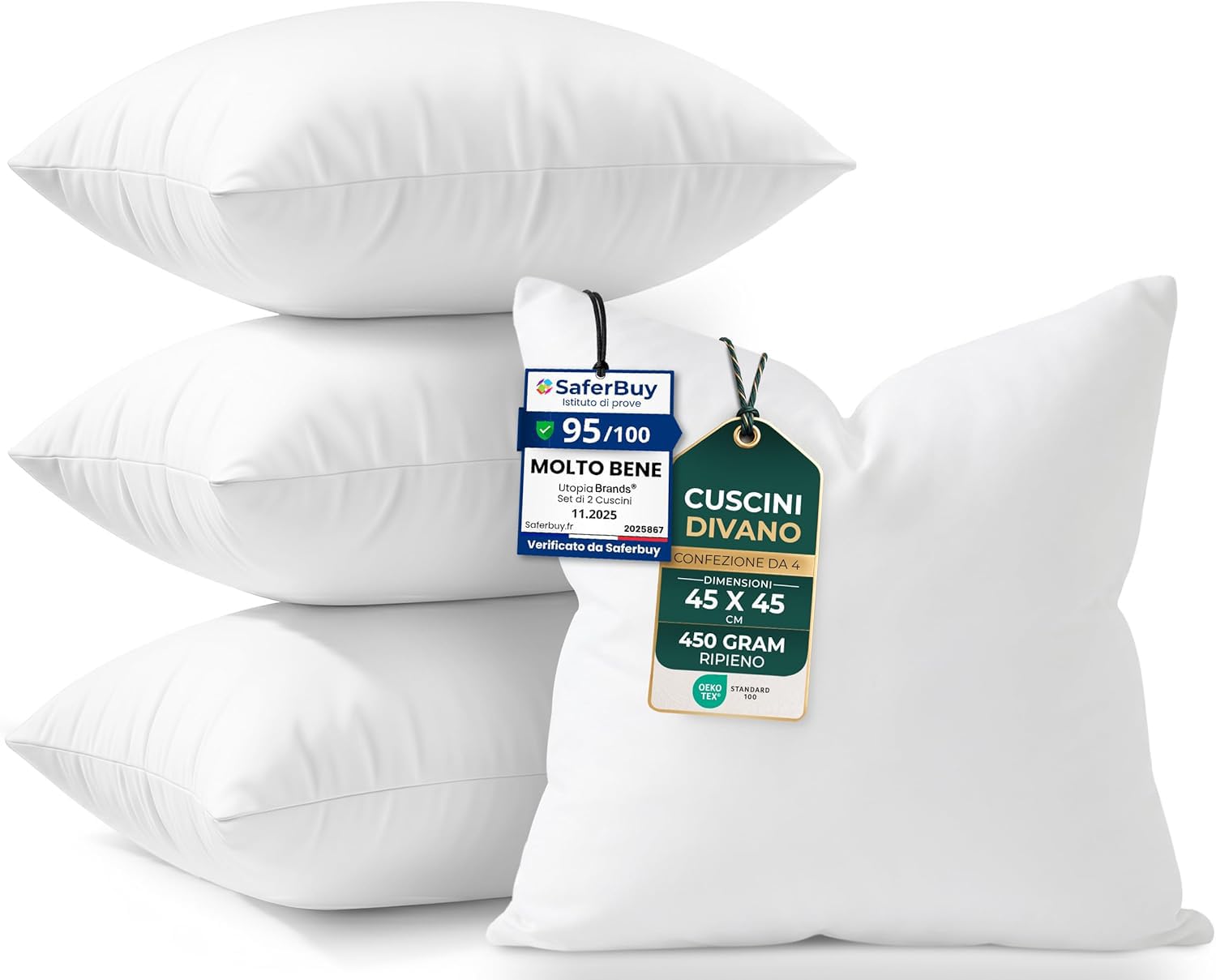 Utopia Bedding Cuscini per Divano, 45x45 cm, Set di 4 Cuscini, Bianco | Cuscini per Divano, Cuscino Interno, Imbottitura per Cuscino, Morbida Fibra Vergine Cava