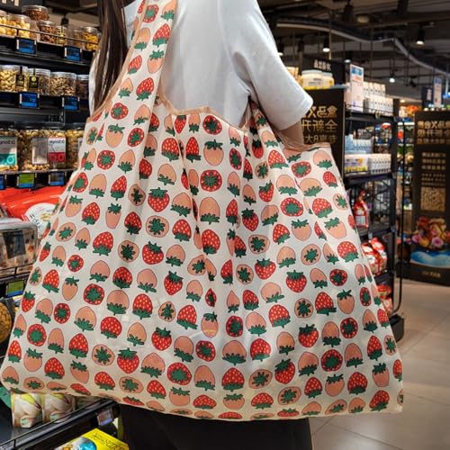 1PC Multifunctional Cartoon Folding Shopping Bag - Portable Large - Capacity Reusable Storage Handbag, Strawberry