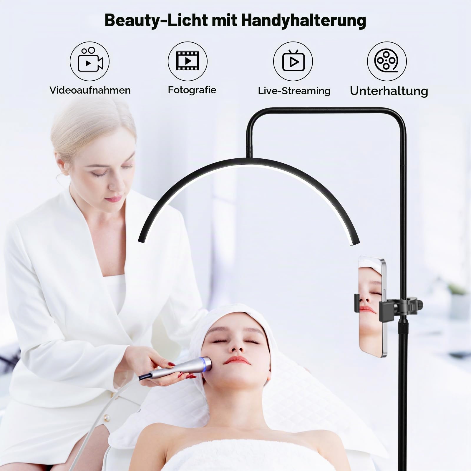 Stehlampe Halbmond Kurve 360°Verstellbarer Lampenkopf Höhenverstellbar 3 Farben Stehlampe Dimmbar LED Stehleuchte Schönheit & Wimpernverlängerung Schreibtischlampe Stehlampen Wohnzimmer