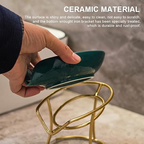 Miniatura 2 de BluOcnMkt Jabonera decorativa de cerámica con soporte de hierro forjado para baño, ducha, fregadero de cocina (esmalte blanco)