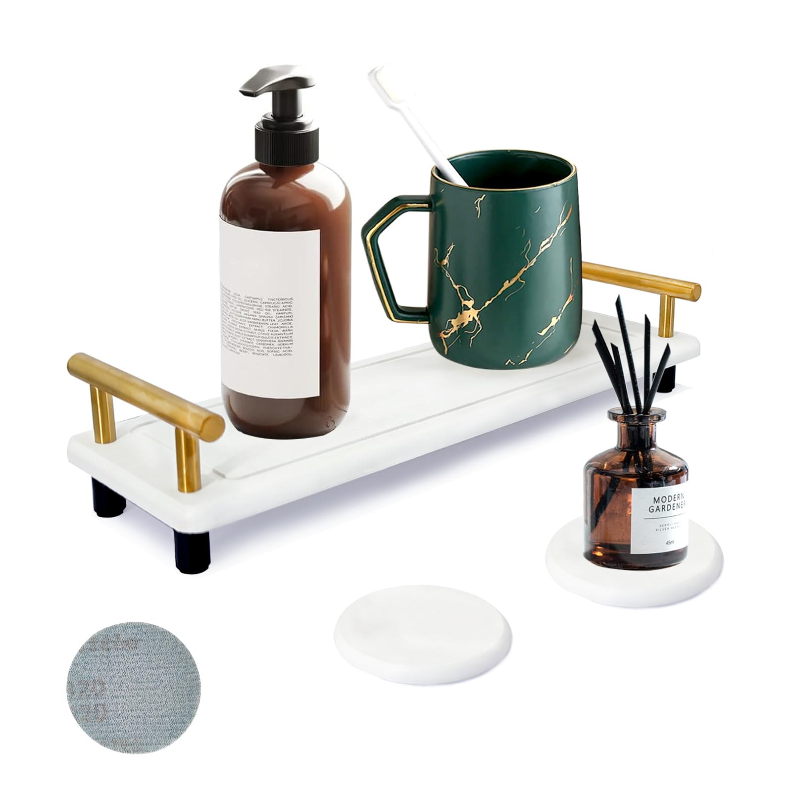 Quick Drying Stone Tray Bathroom Instant Dry Organizer Diatomaceous Earth Water Absorbing StoneTray with Two Handles and 2 Kitchen Soap Trays for Both Bathroom and Kitchen