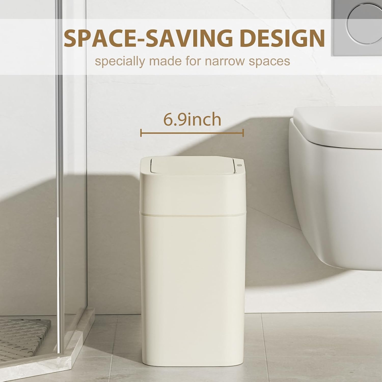 ELPHECO 2 Pack 3.5 Gallon Bathroom Trash Can with Lid Motion Sensor Slim Garbage Can Bathroom Decor Waterproof Smart Small Trash Bin for Kitchen, Office, Bedroom, Living Room, Toilet, Cream Beige