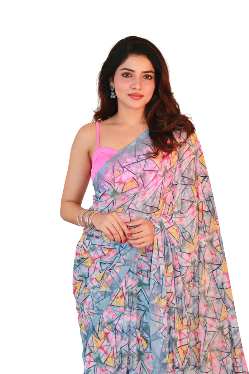 GHAN SALS Fancy Georgette Printed Saree With Blouse Piece