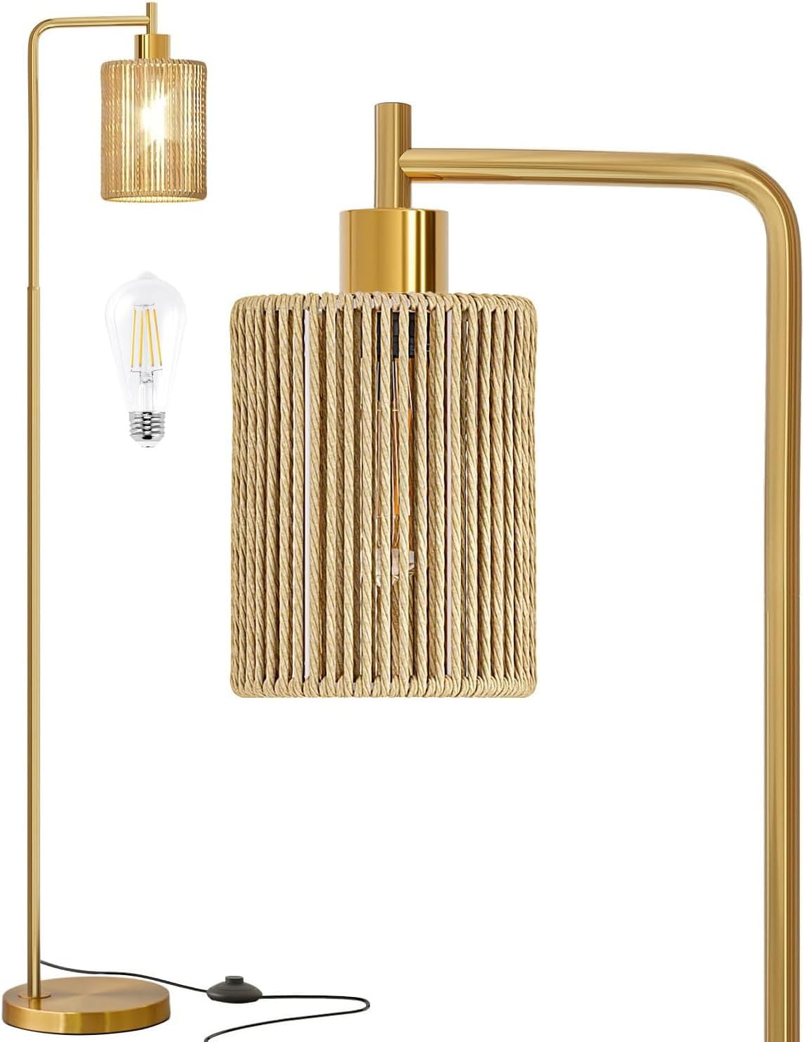 Oneach 66" Gold Floor Lamp for Living Room, Boho Floor Lamp with LED Bulb, Foot Switch, Rattan Shade, Industrial Tall Farmhouse Standing Lamp for Bedroom, Dining Room, Study Room, Office Gold - Rattan Shade