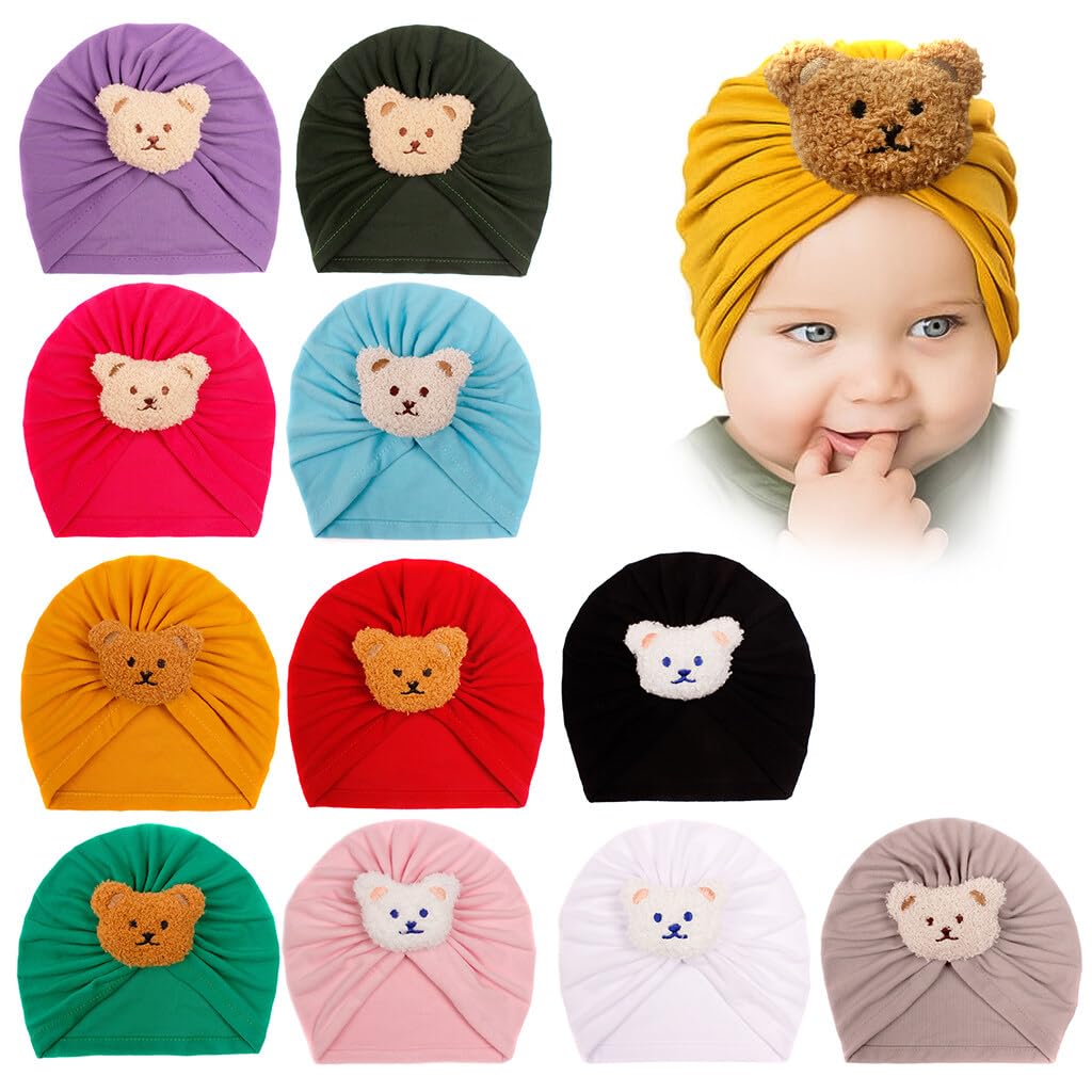 11PCS Baby Hats, Newborn Baby Turban, Cute Animal Top Knot Head Wrap Baby Hospital Hat for Infant Toddler 0-2 Years Old