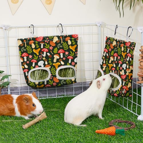 Glittme 2 Pack Guinea Pig Hay Feeder, 11.5x9 Inch Hay Bag for Rabbits, Hanging Hay Holder for Guinea Pigs Cage Hay Feeder for Bunny, Small Pets,Green Mushroom - Image 3