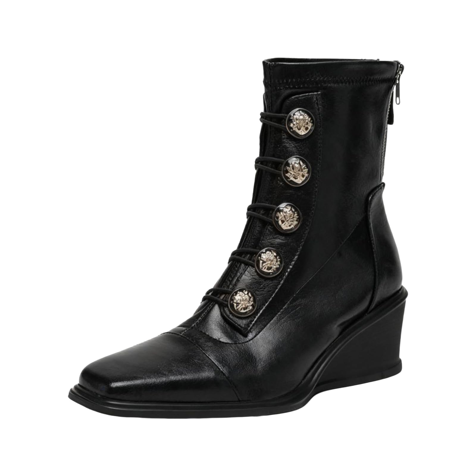 Womens Leather Wedge-Heeled Motorcycle Boots With Back Zipper Vintage Pointed Square Toe Carved Metal Buckle Ankle Boots Stylish