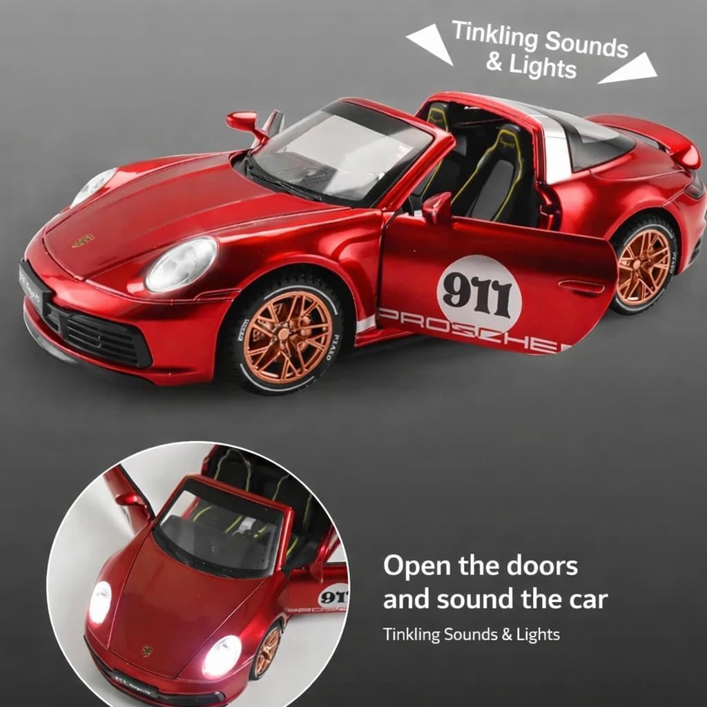 Umadiya® Porschee 911 Targa 4S Toy Car 1:32 Exclusive Alloy Metal Pull Back Die-cast Car Metal Pullback Toy car with Openable Doors & Light, Music Boys Gifts Toys for Kids【Colors as Per Stock】 — Amazon image 8