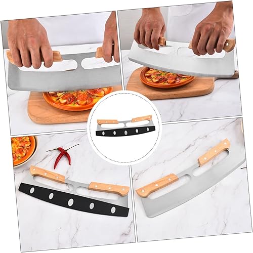 Miniatura 8 de Cortador de pizza de dos asas para tartas, rebanador de pizza, rebanador de panes, ensalada, mango de madera, cortador de pizza, banco de metal,