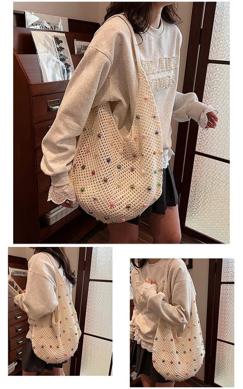 Image of Boho Crochet Beach Tote Shoulder Bag with Colored Beads | Colorful Aesthetic Hippie Knit Bag for Women