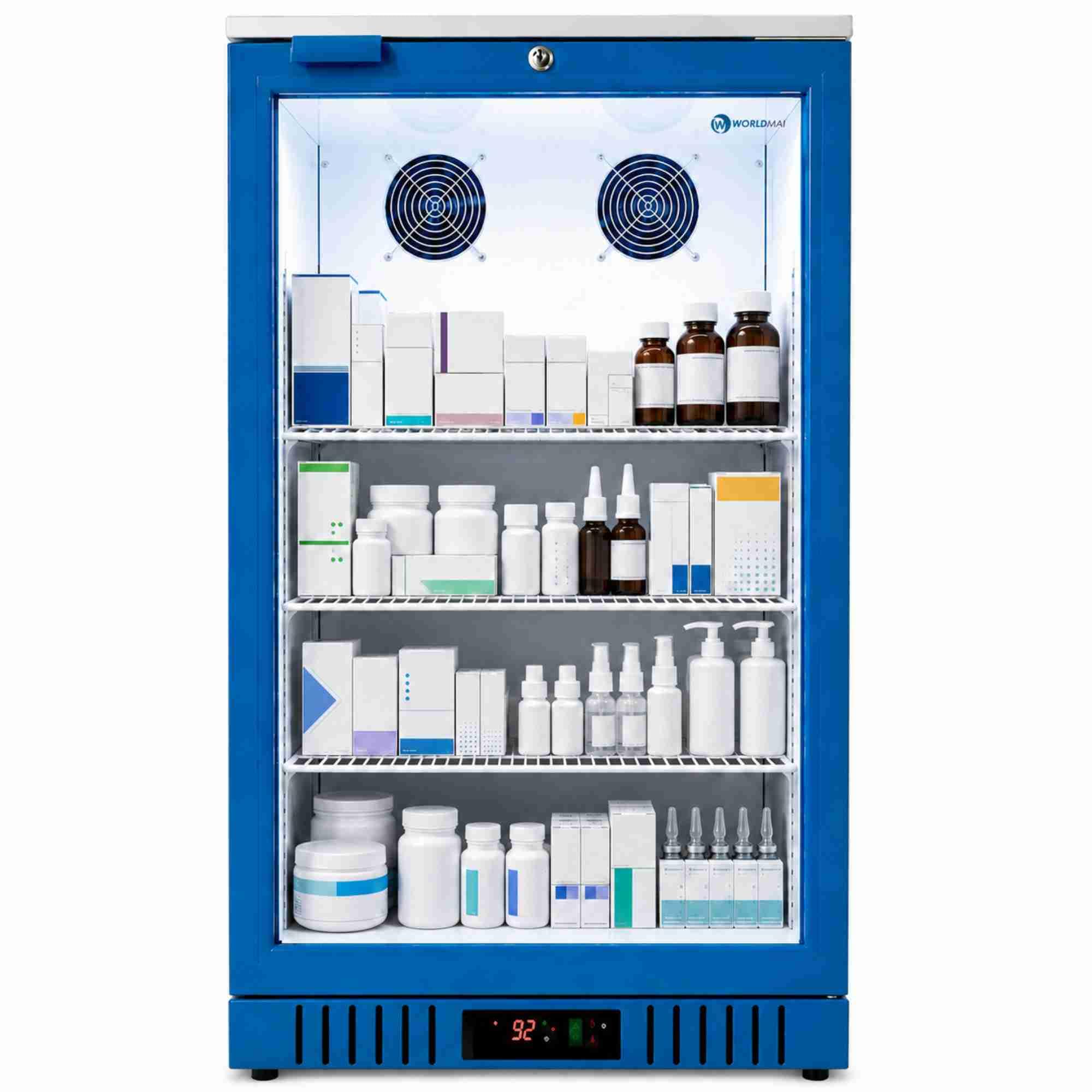 Frigorífico expositor para farmacia con puerta de cristal 133 L y doble ventilación. Armario expositor profesional para medicamentos y productos sanitarios con temperatura uniforme.