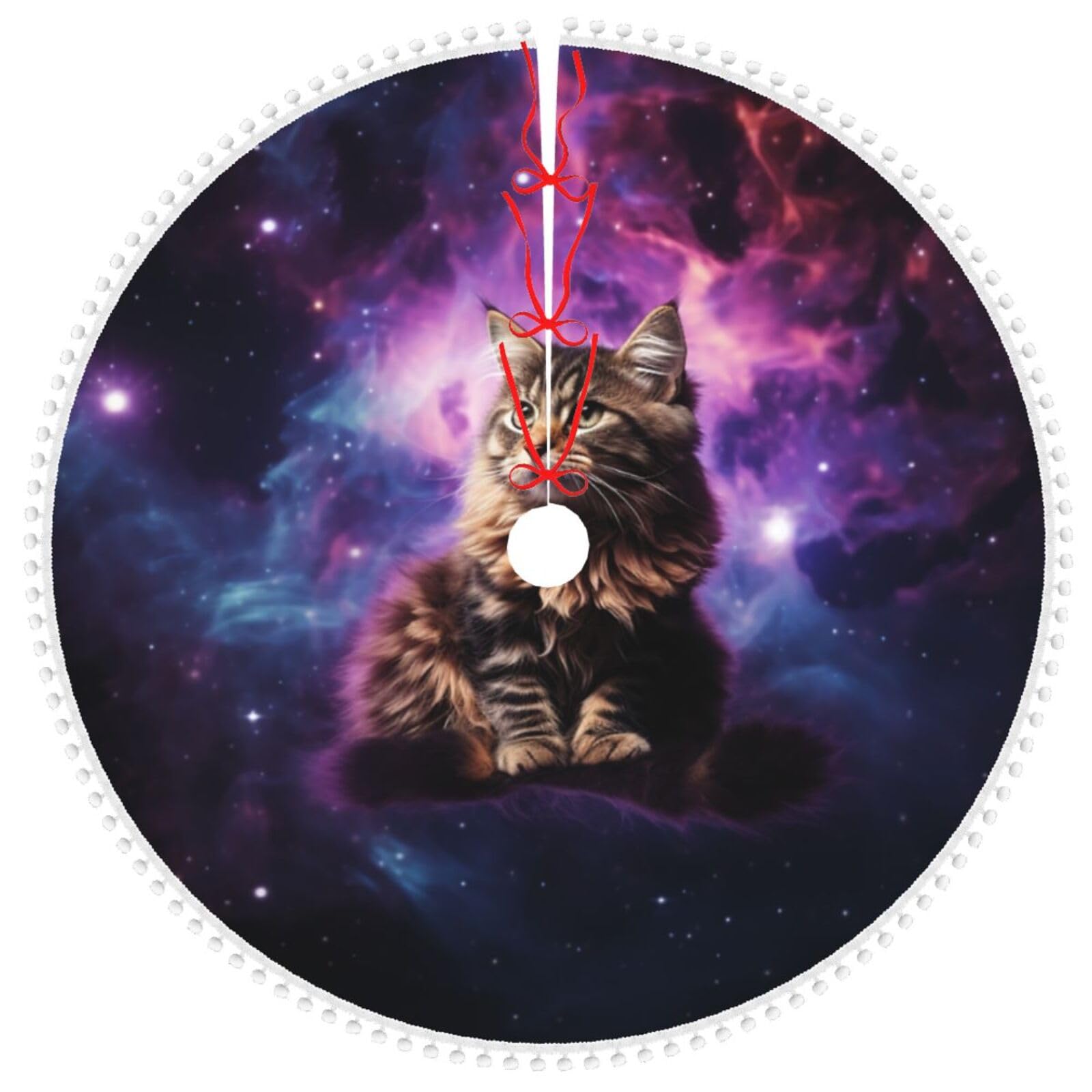 Jupe de sapin de Noël chat 122 cm avec pompons tapis rustique