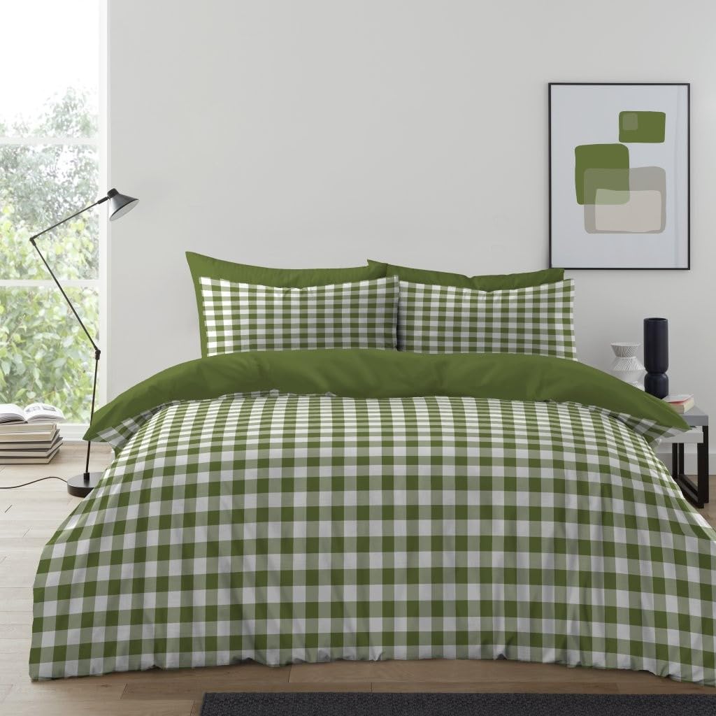 Lions Green Gingham Bedding - 100% Polyester - King Size Checked Duvet Cover Set With Matching Pillowcase, Soft Microfibre Reversible Printed Quilt Covers, 230X220cm