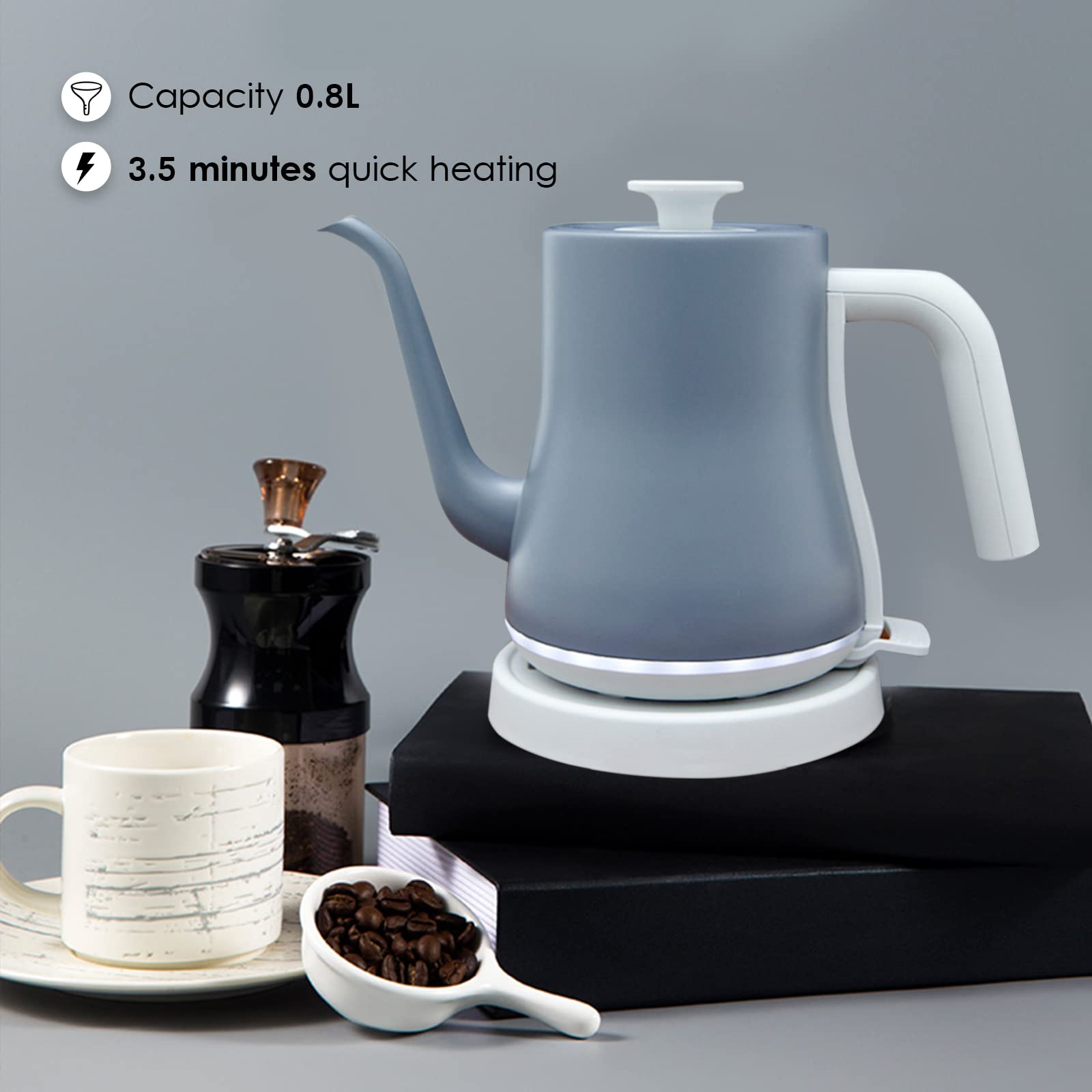 Tetera eléctrica contemporánea para café, té, hervidor silencioso, apagado automático, calefacción de 3,5 minutos, café, tat/negro/gris