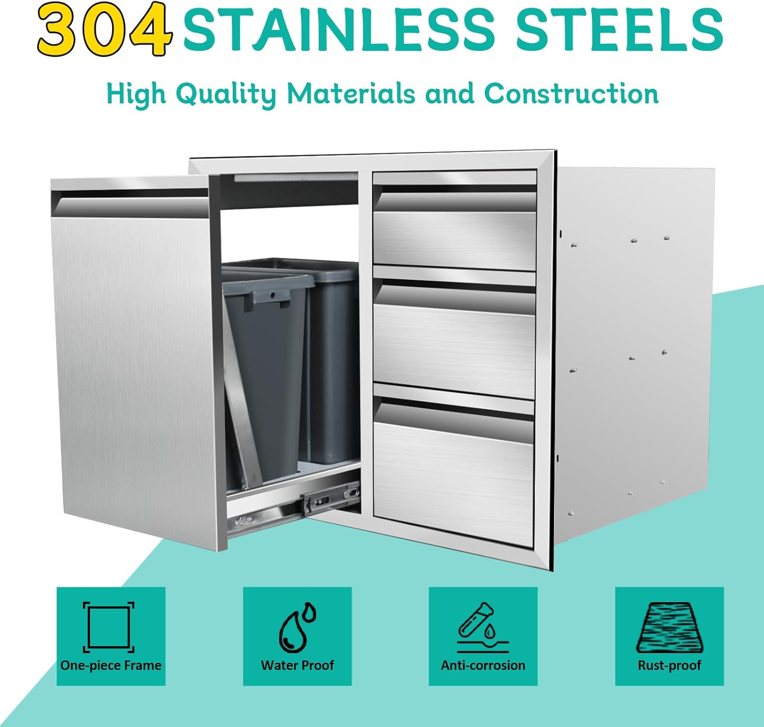 Outdoor Kitchen Door Drawer Combo Cabinet Stainless Steel 28" W x 22" H x 19.5" D Built-in Triple Drawers for Outdoor Kitchen Island, Patio Grill Station (Drawer and Left Trash Drawer Combo)