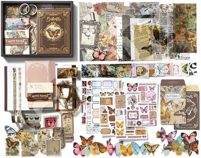 Image of GDNK 346pcs Vintage Journal Scrapbook Pack Kit for Art Journaling Bullet, Planners DIY Paper Stickers, Craft Kits Notebook, Collage Album Aesthetic Sticker (Moonlight) (Brown Butterfly)