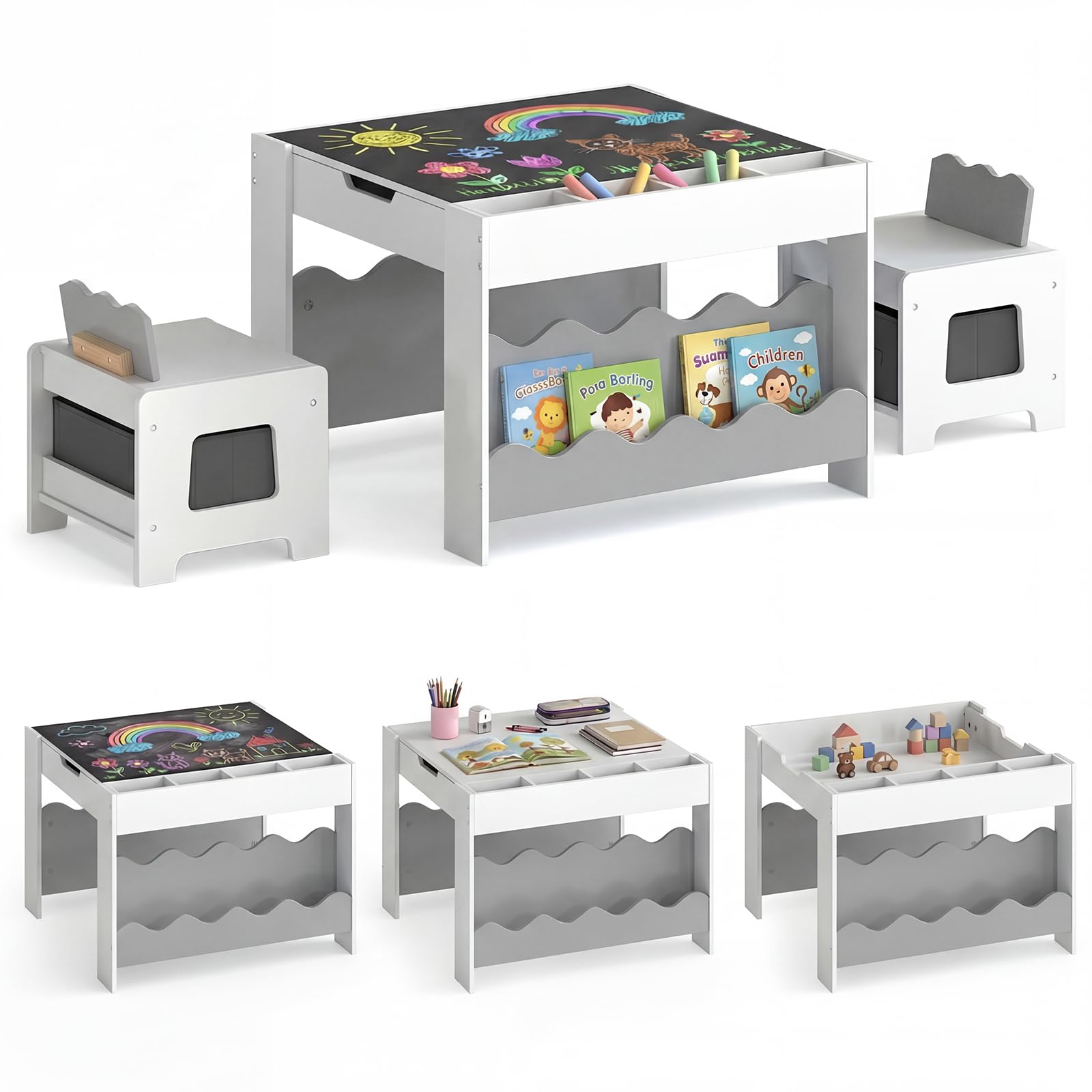 COSTWAY Kids Table and Chairs, Multifunctional Activity Desk Set with Double-sided Tabletop, Chalkboard, Bookshelves, Small Compartments & Fabric Drawers, Toddler Art Table Chair Set (White + Grey)