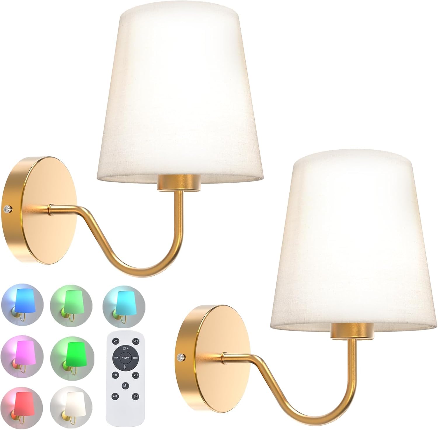 HELCEKOU Battery Operated Wall Lights Set of 2, RGB Dimmable Rechargeable Indoor Wireless Sconces 2 for Bedrooms Cordless Sconce Lamp Remote Control