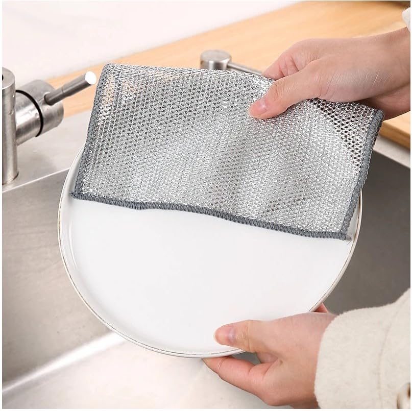 Multipurpose Reusable Wire Dish Scrubber Dishwshing Rag All Purpose Kitchen Towel Quick Cleaning Kitchen Bowl Stove Sink Pot Pans Counter Grease Grime Residue Descaling Scrubbing Mesh Cloth 4 PCS