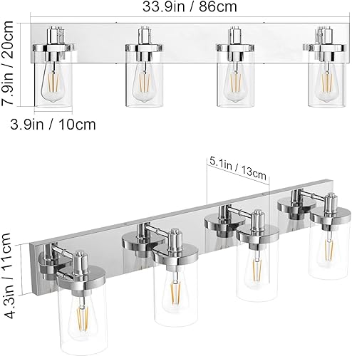 Miniatura 4 de Aipsun Lámpara de tocador de baño con 4 luces cromadas con pantalla de vidrio transparente (no incluye bombilla)