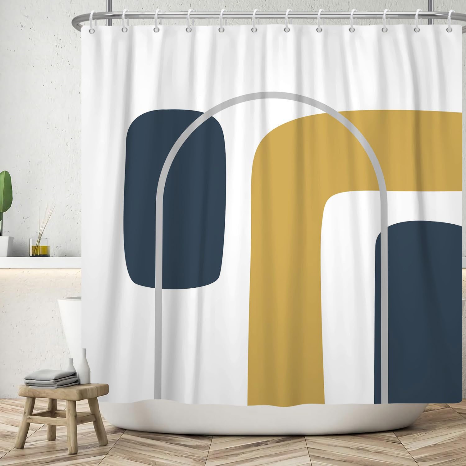 ASDCXZ Geometry Shower Curtain 240x180 cm, Modern Boho Navy Blue Yellow Grey Geometry Pattern White Bath Washable Shower Curtains Polyester Textile Waterproof Bath Curtain for Bathtub with 12 Hooks — image 1