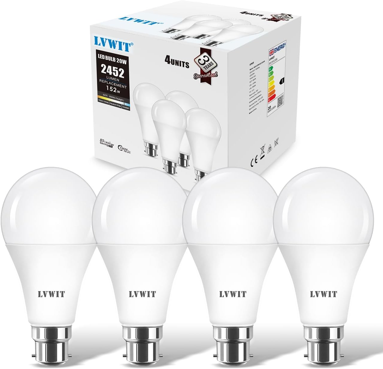 LVWIT Daylight 20W B22 LED Light Bulb,Led Bayonet Bulbs Cold White 2452LM,Replace to 152W, 6500K Bright White, Non-Dimmable, 80 x 155mm,220-240V(Pack of 4)