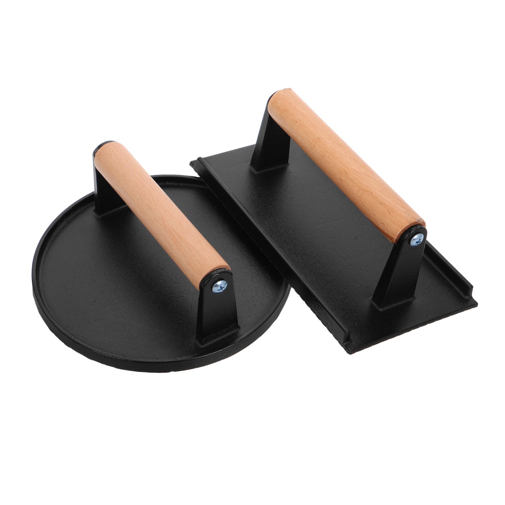 Prensa Rectangular de Hierro Fundido para Hamburguesas 2 Prensas con Mango de Madera y Redonda para Carne y Versátil en Cocina