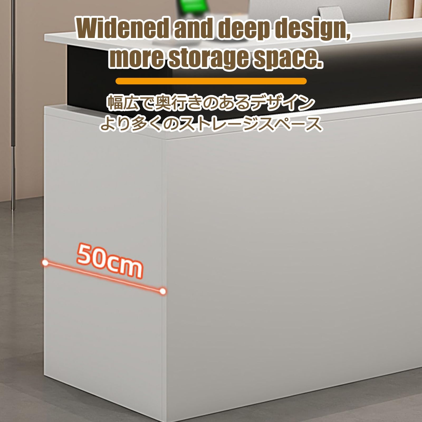 Banco reception beige con cassetti e ripiani chiudibili a chiave, moderno bancone front office per vendita al dettaglio, hall e salone, mobili commerciali da 100 cm