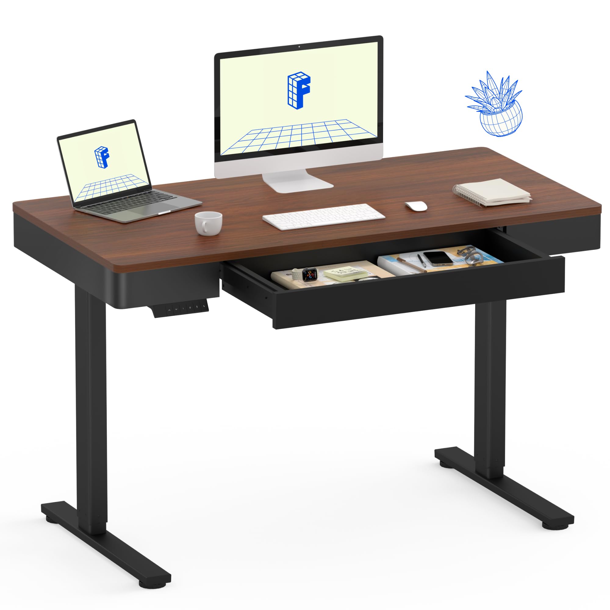 FLEXISPOT 55 x 24 Inch with Double Drawers Q5 Standing Desk, Electric Adjustable Height Stand Up Desk with 4 Preset Heights Whole Piece Wooden Desktop for Home, Office, Workstation, Brown