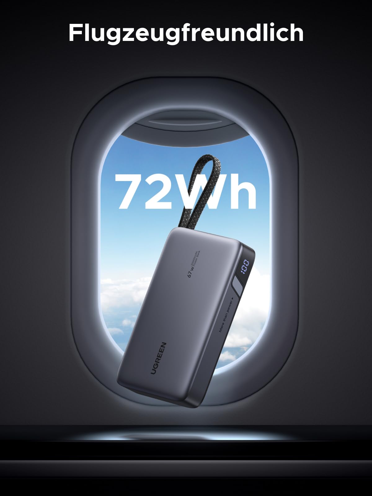 UGREEN Nexode Power Bank 20000mAh 67W mit integriertem USB-C Kabel | HyperCharge für Xiaomi, 65W PD Schnellladung Kompatibel mit Macbook, iPad, iPhone, für Reisen/Büro