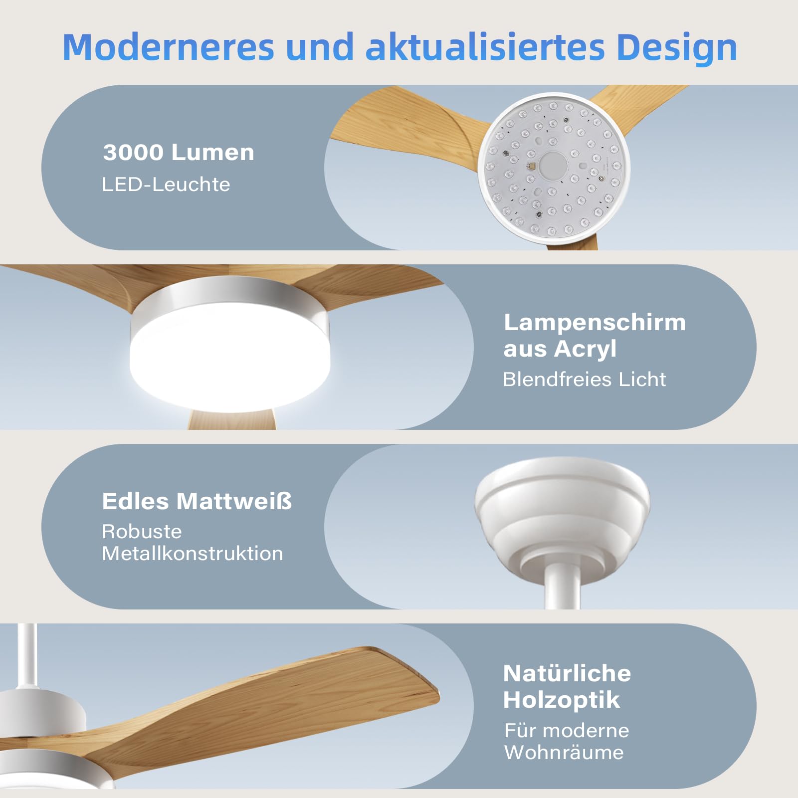 EppieBasic Ventilateur de Plafond avec Lumière LED 3000LM 132cm Moteur DC Silencieux Télécommande 6 Vitesses 3 Pales Bois Design Moderne